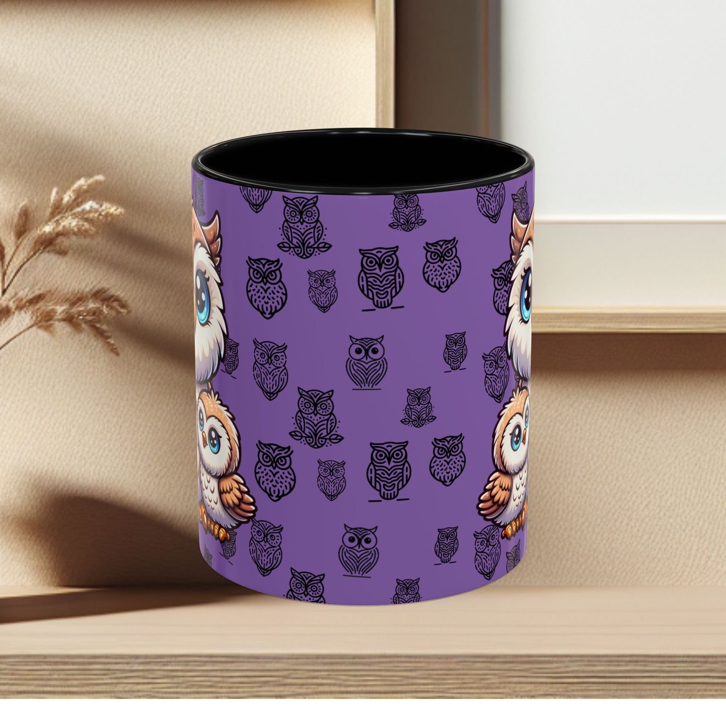 Purple Coffee Mug - Owl Family - Colorful Inspirational Owl Design