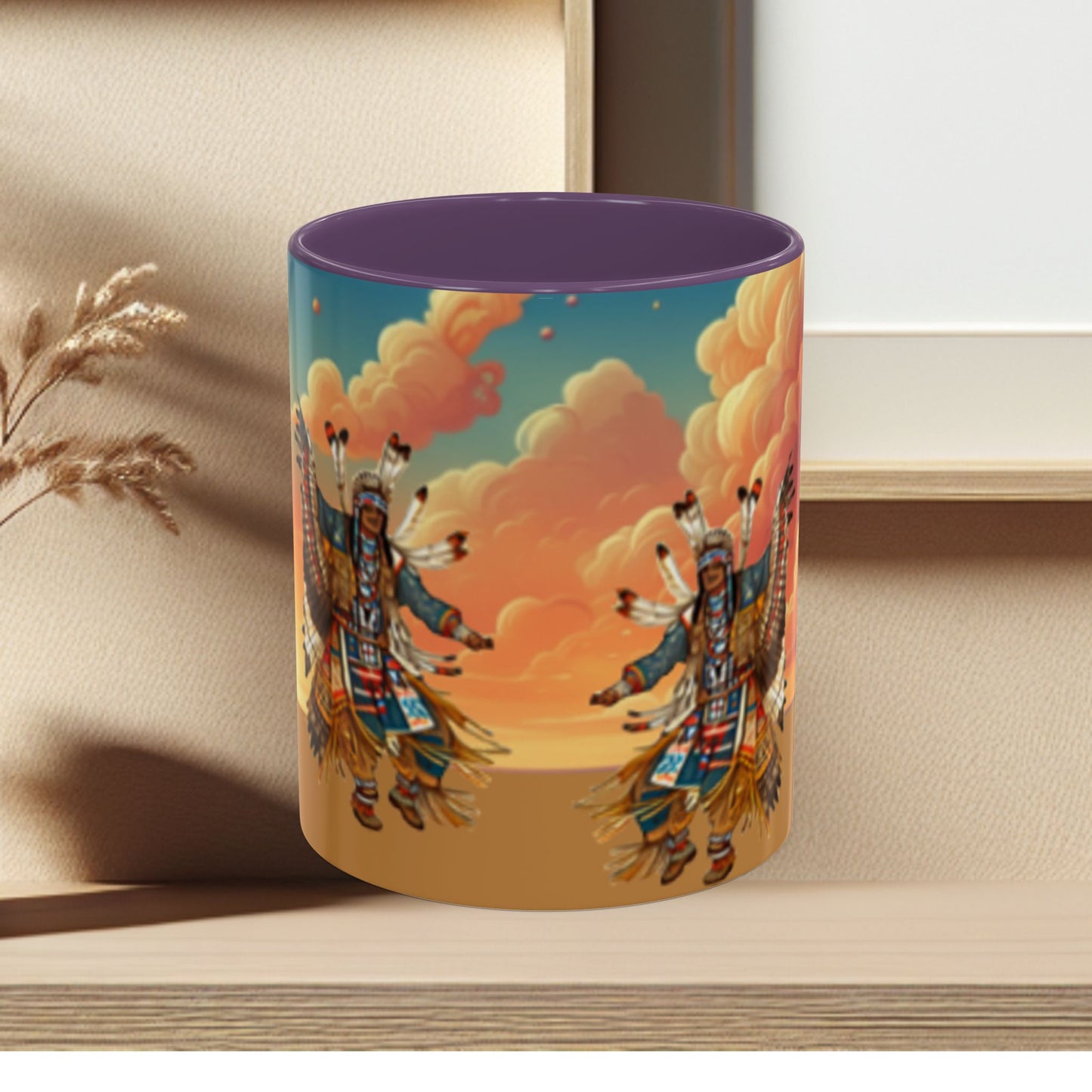 Sunset Powwow Ceramic Mug — Native American Dancer Accent Coffee Mug (11/15oz)