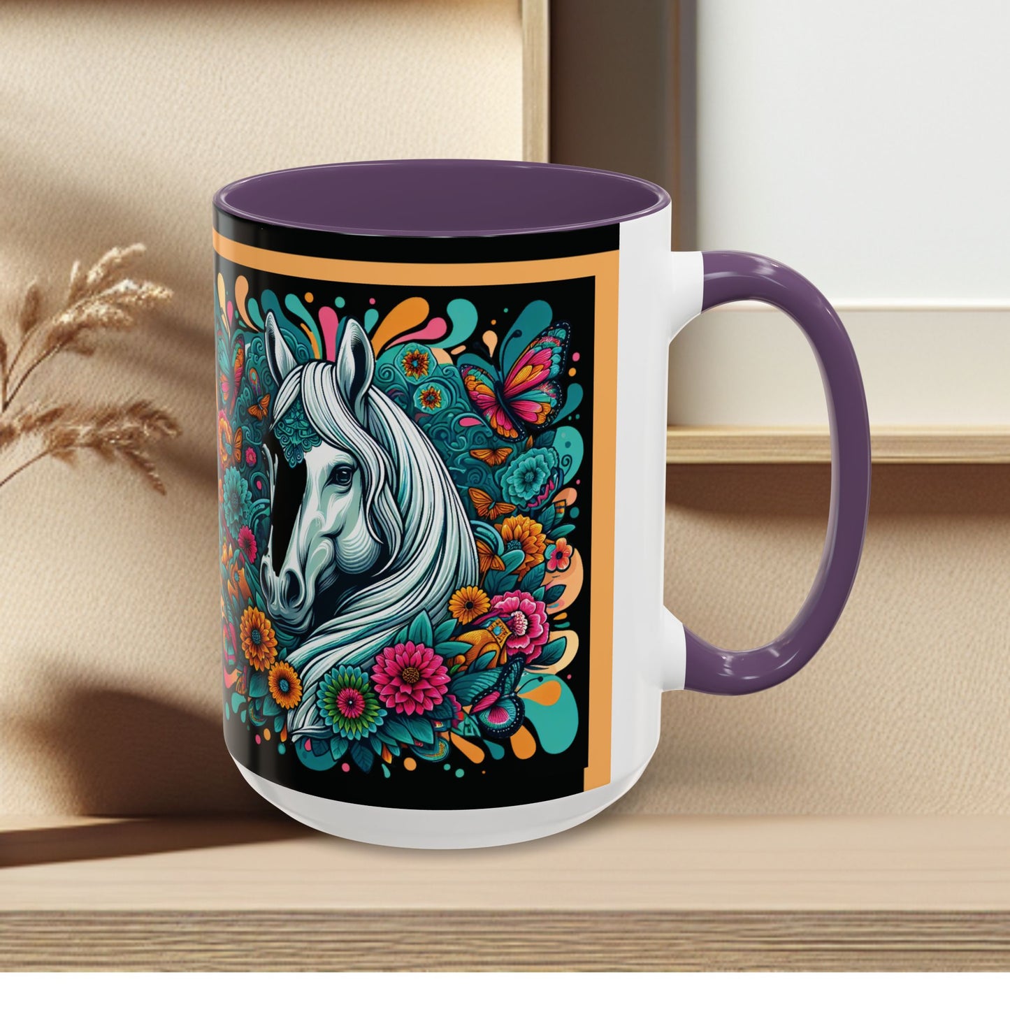 Coffee Mug White Horses with Blue Highlights in Flowers - Mug