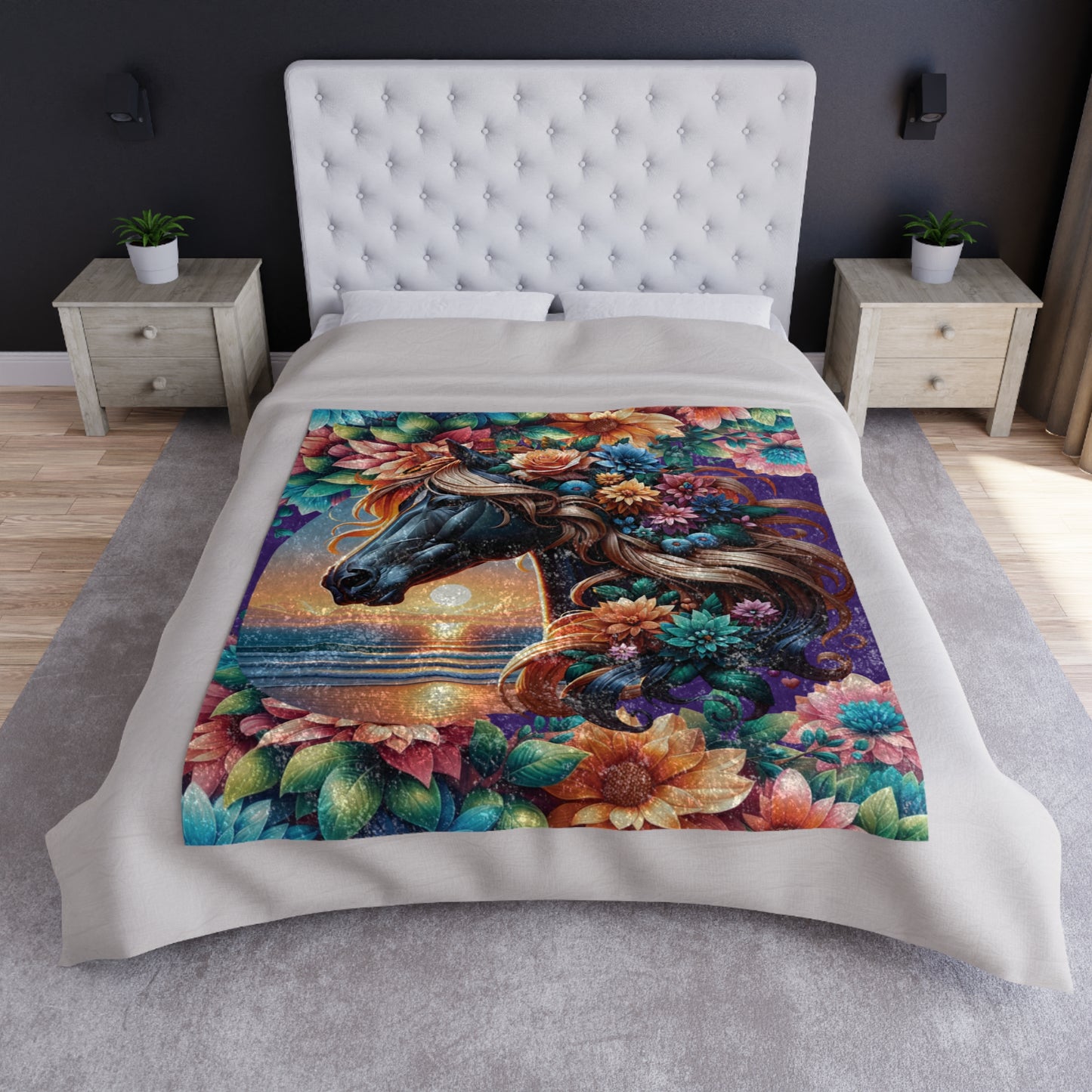 Horse Floral Sunset--Crushed Velvet Blanket — Throw