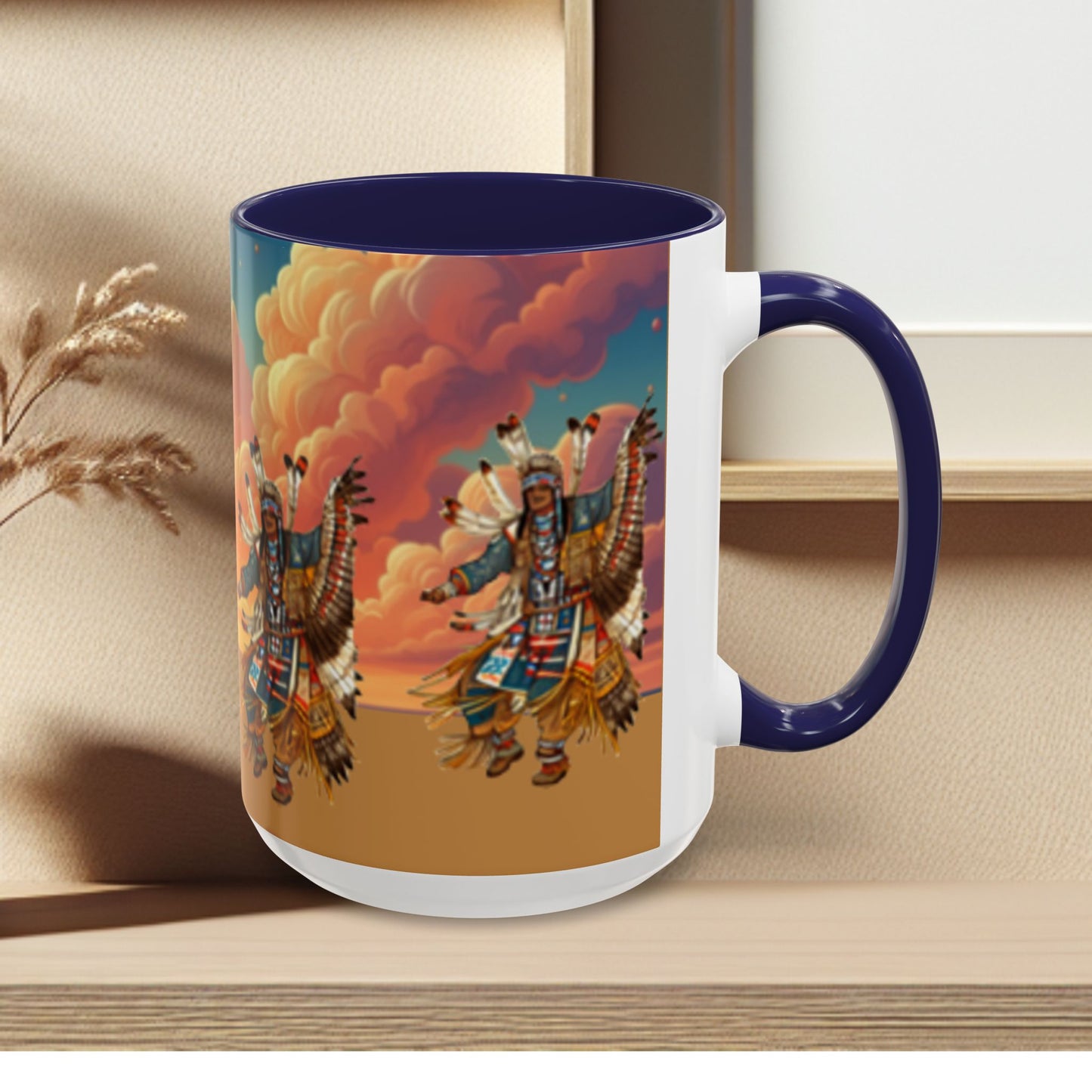 Sunset Powwow Ceramic Mug — Native American Dancer Accent Coffee Mug (11/15oz)