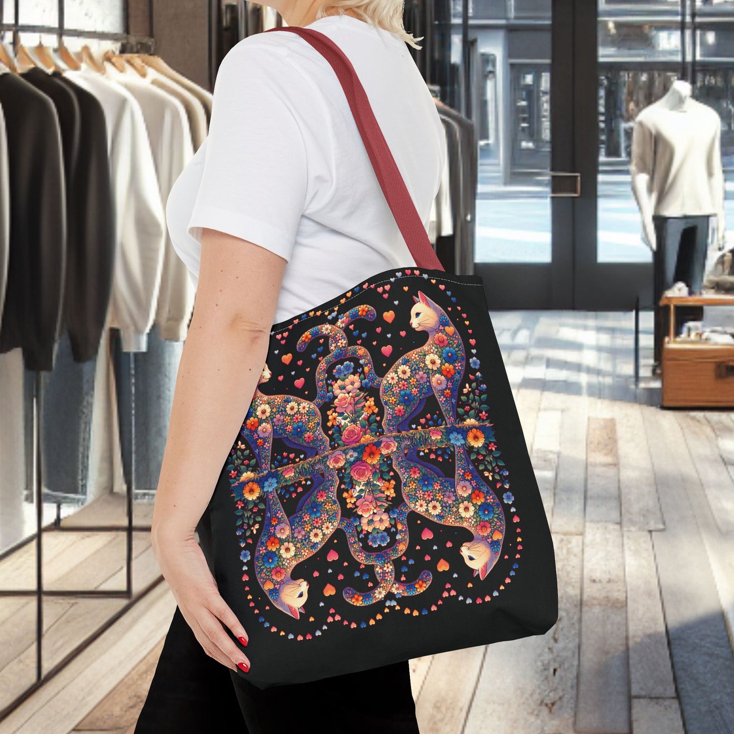 Mosaic Loving Cat Black Tote Bag (AOP)