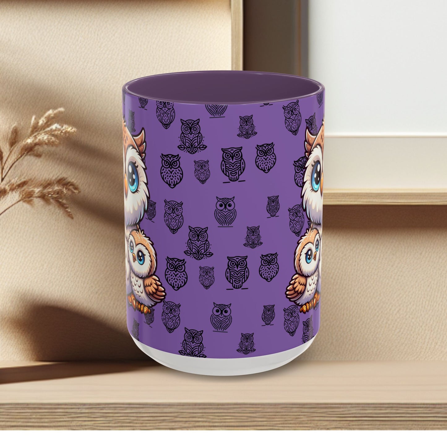 Purple Coffee Mug - Owl Family - Colorful Inspirational Owl Design