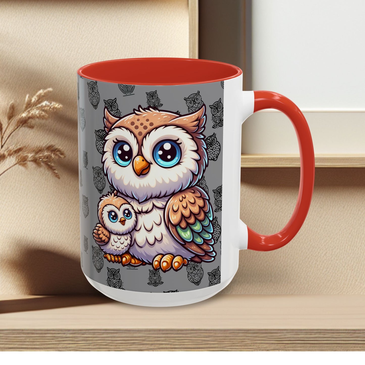 Gray Coffee Mug - Owl Family - Colorful Inspirational Owl Design