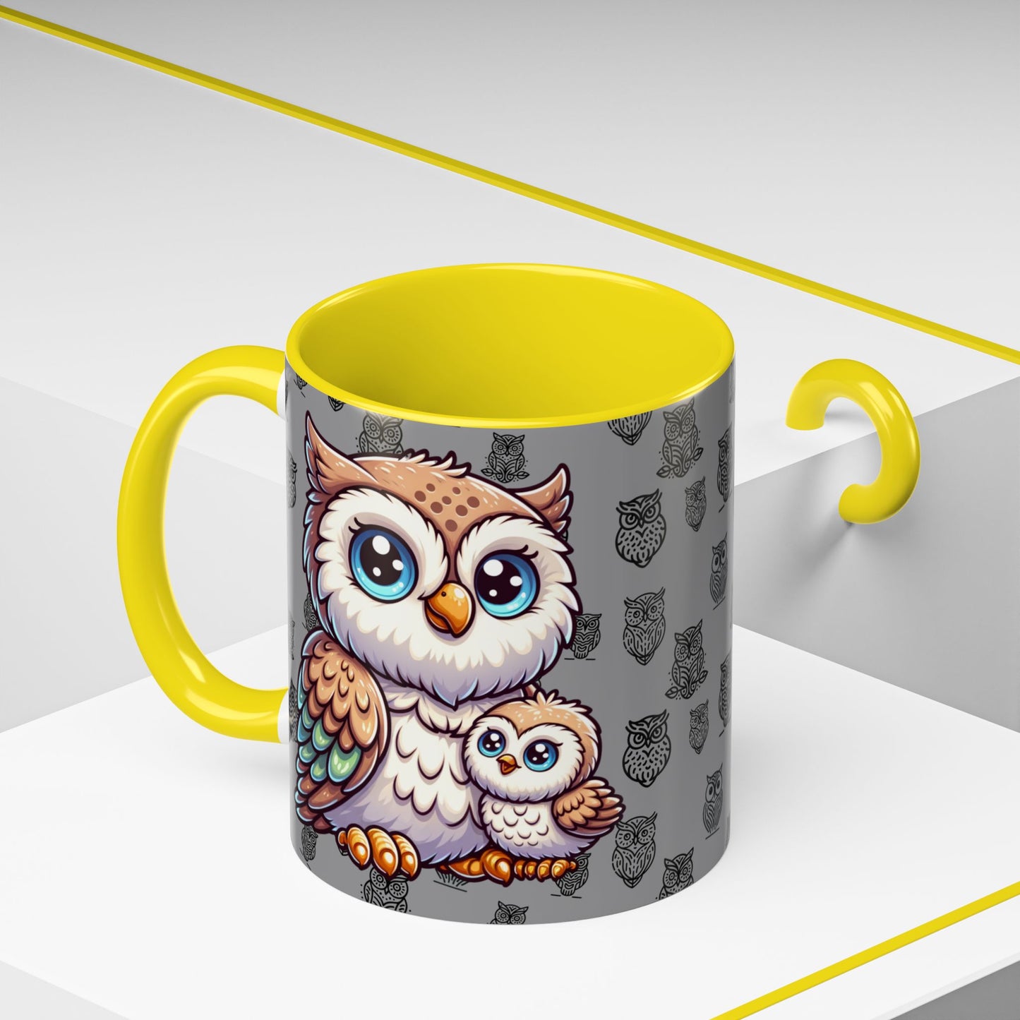 Gray Coffee Mug - Owl Family - Colorful Inspirational Owl Design