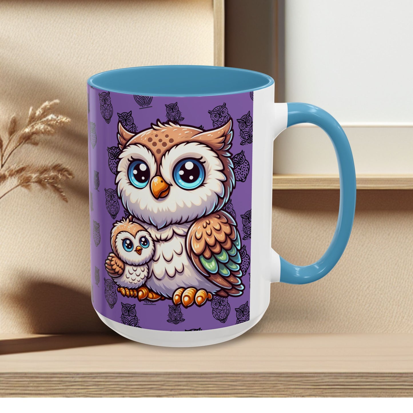 Purple Coffee Mug - Owl Family - Colorful Inspirational Owl Design