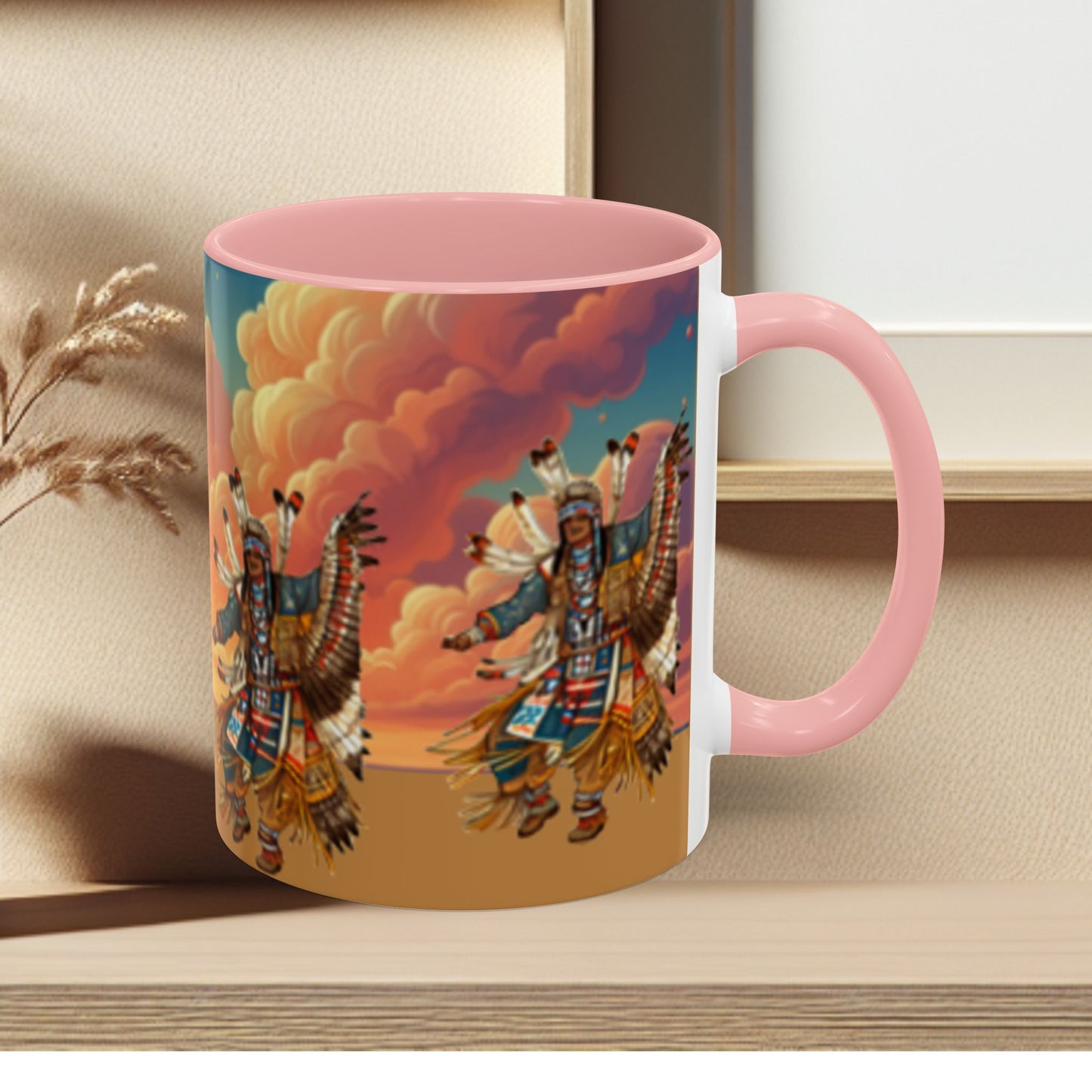 Sunset Powwow Ceramic Mug — Native American Dancer Accent Coffee Mug (11/15oz)