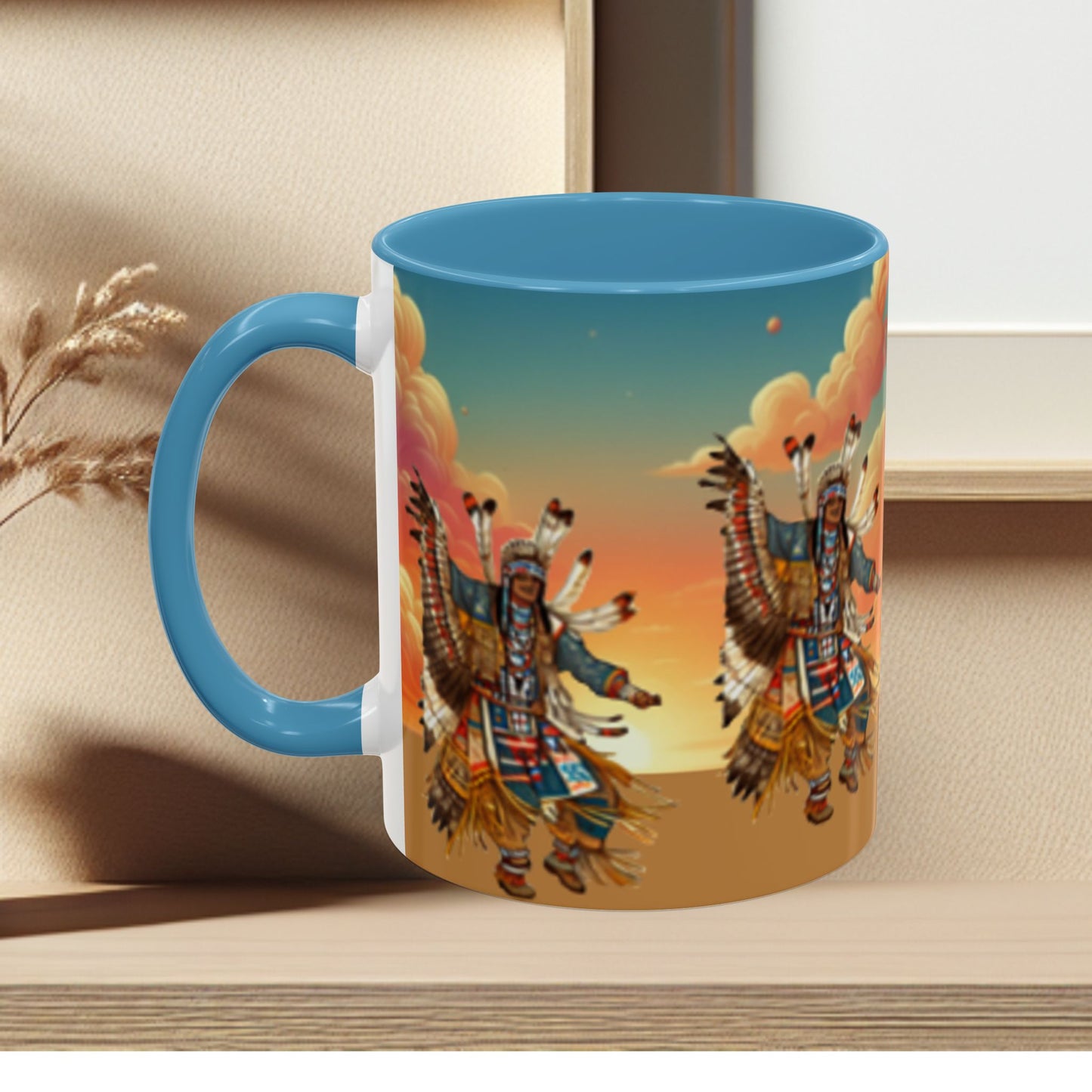 Sunset Powwow Ceramic Mug — Native American Dancer Accent Coffee Mug (11/15oz)