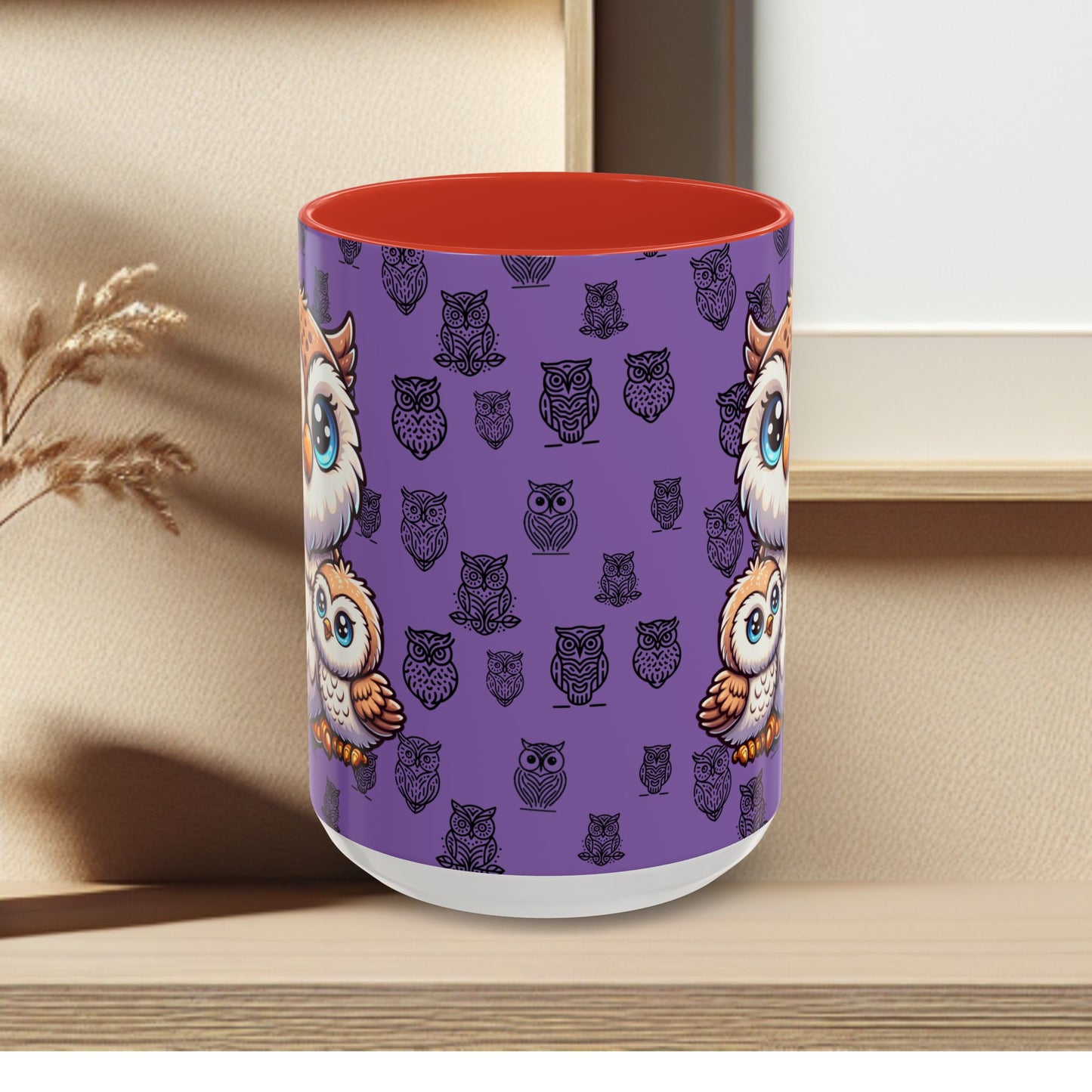 Purple Coffee Mug - Owl Family - Colorful Inspirational Owl Design