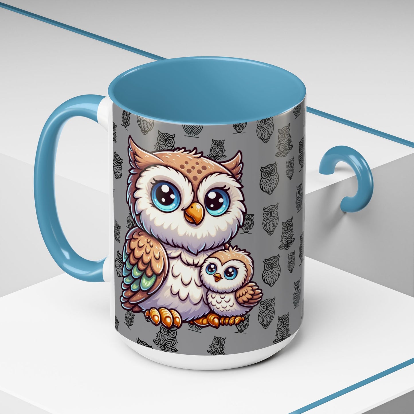 Gray Coffee Mug - Owl Family - Colorful Inspirational Owl Design