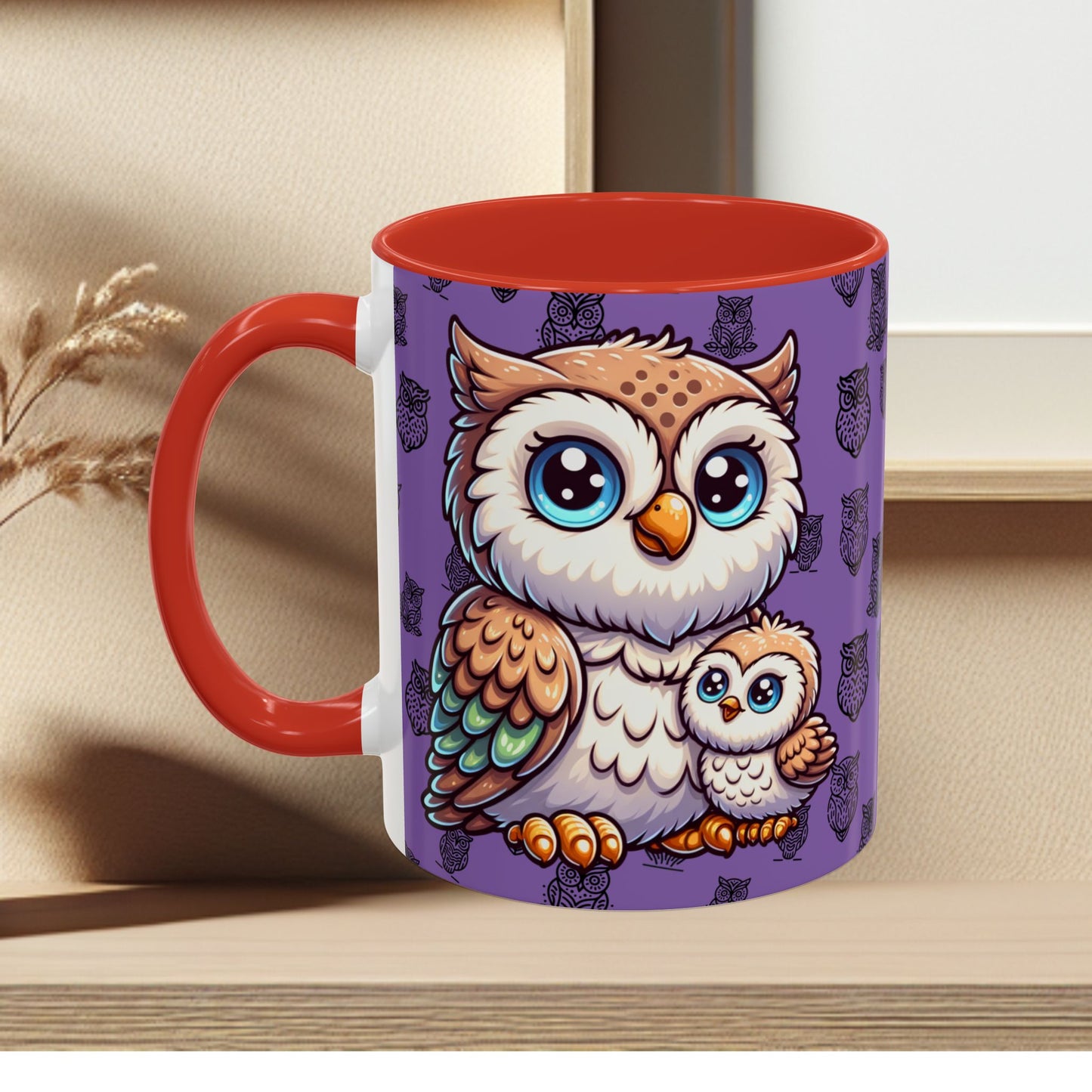 Purple Coffee Mug - Owl Family - Colorful Inspirational Owl Design