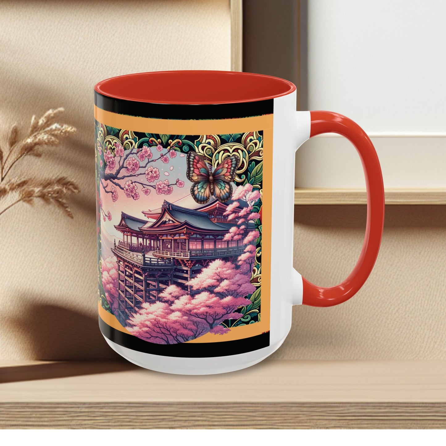 Mug - Sakura Butterfly Coffee Mug with Cherry Blossoms and a Rose