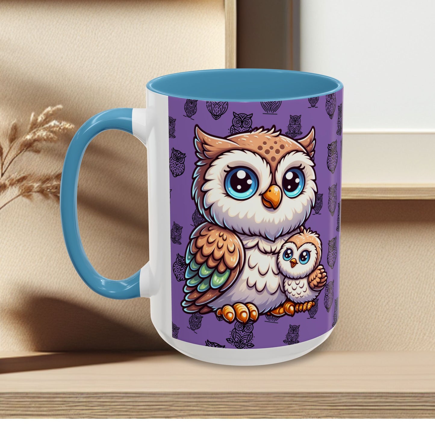 Purple Coffee Mug - Owl Family - Colorful Inspirational Owl Design