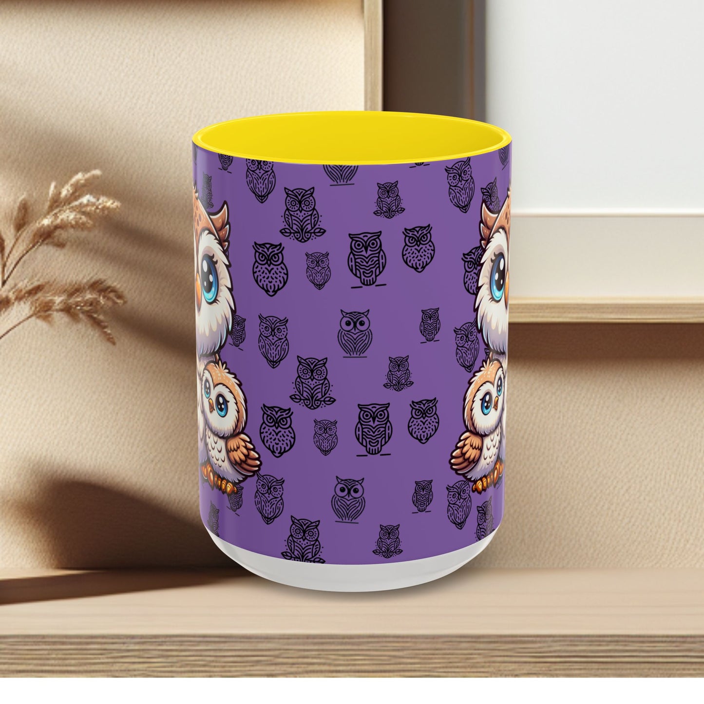 Purple Coffee Mug - Owl Family - Colorful Inspirational Owl Design