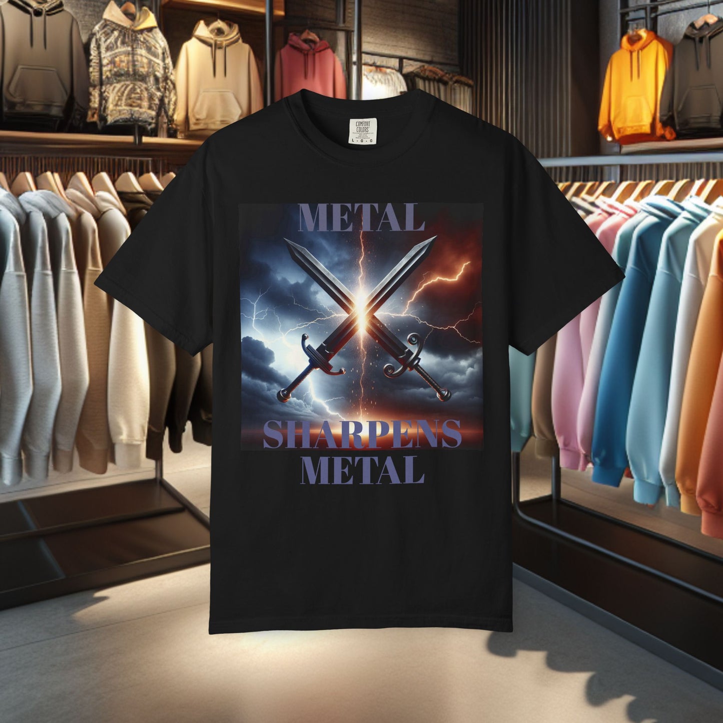 Metal Sharpens Metal Tee — Clashing Swords Thunder & Lighting Graphic T-Shirt