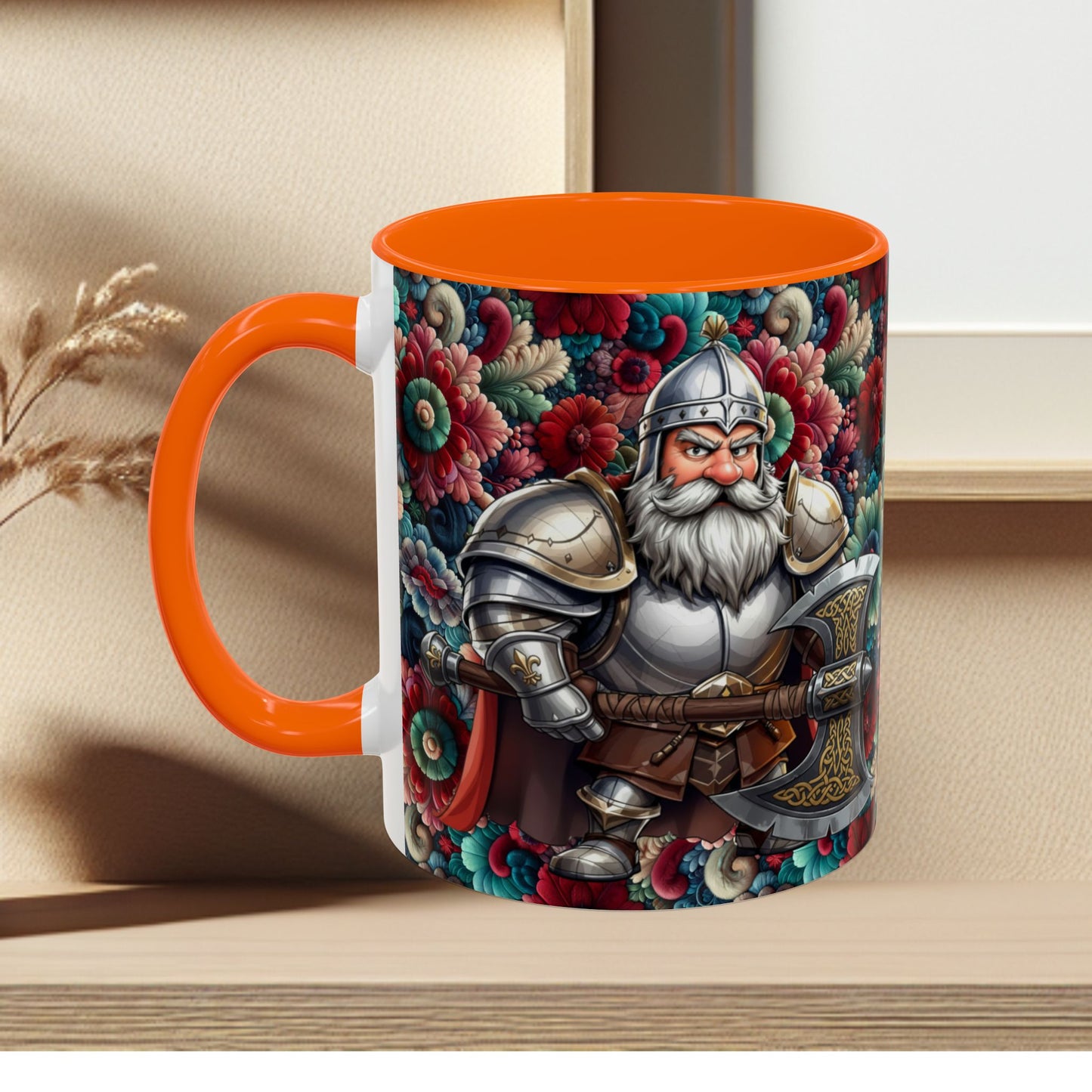 Adventurers Accent Coffee Mug — Dwarf within Armor with a Double-Bladed Battle Axe Design (11/15oz)