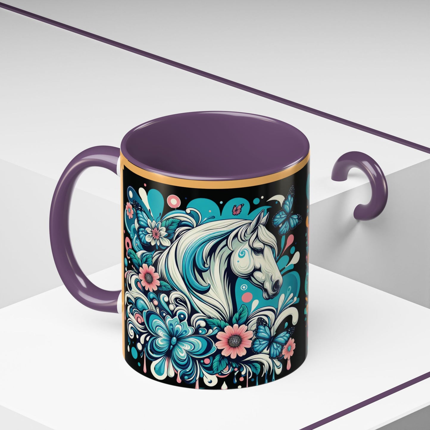 Coffee Mug White Horses with Blue Highlights in Flowers - Mug