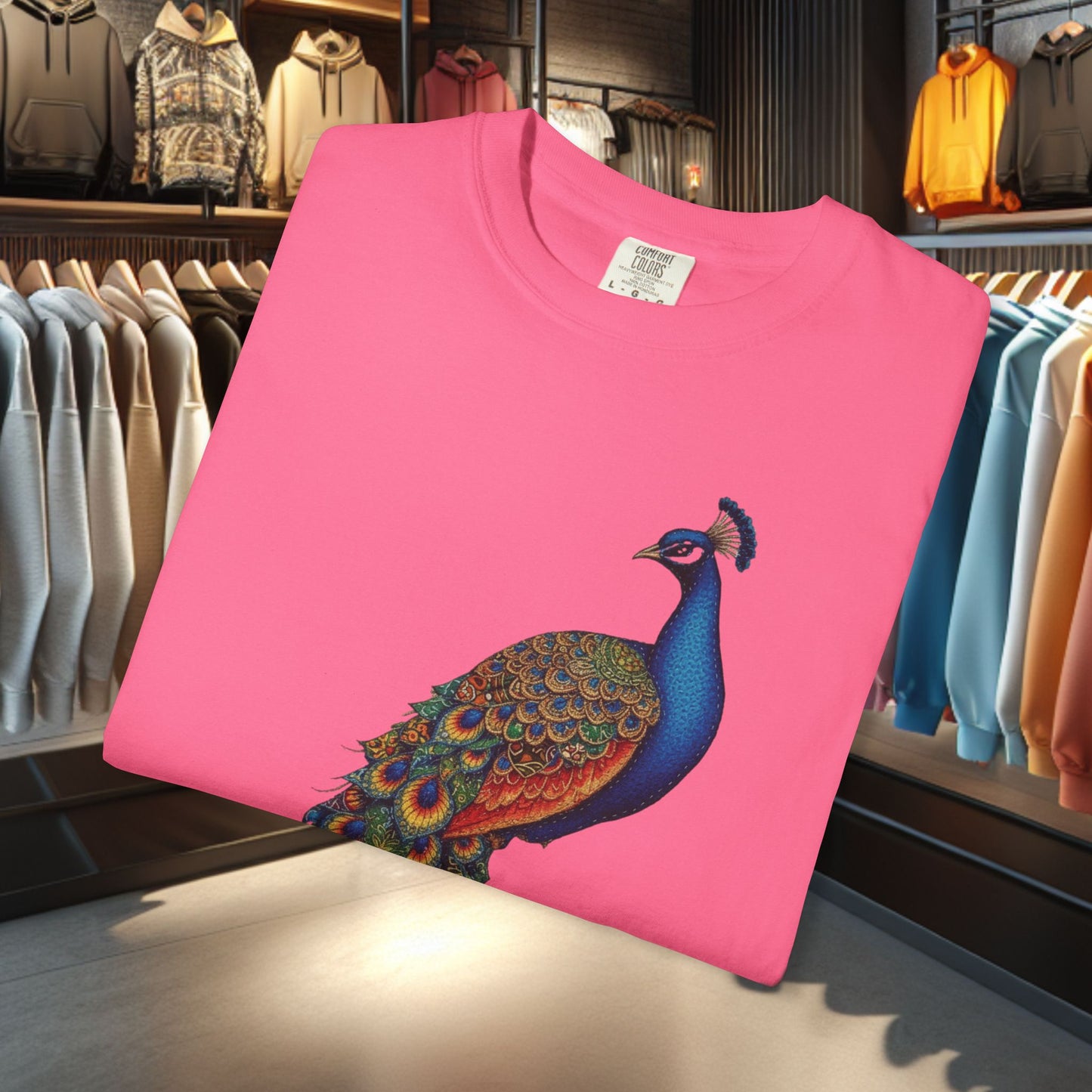 Patchwork Peacock, Garment-Dyed T-Shirt — pho Patchwork Festive Top