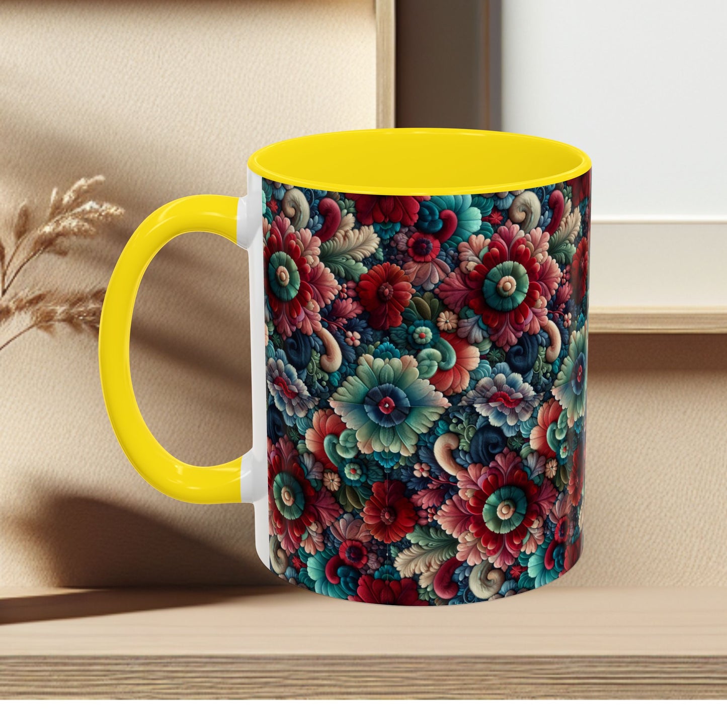 Beautiful Floral Pattern Accent Coffee Mug — Vibrant Vintage Bloom Design (11/15oz)