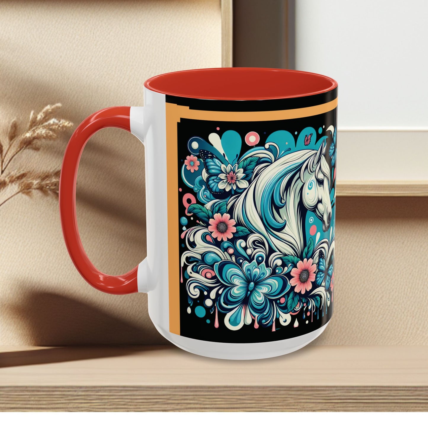 Coffee Mug White Horses with Blue Highlights in Flowers - Mug
