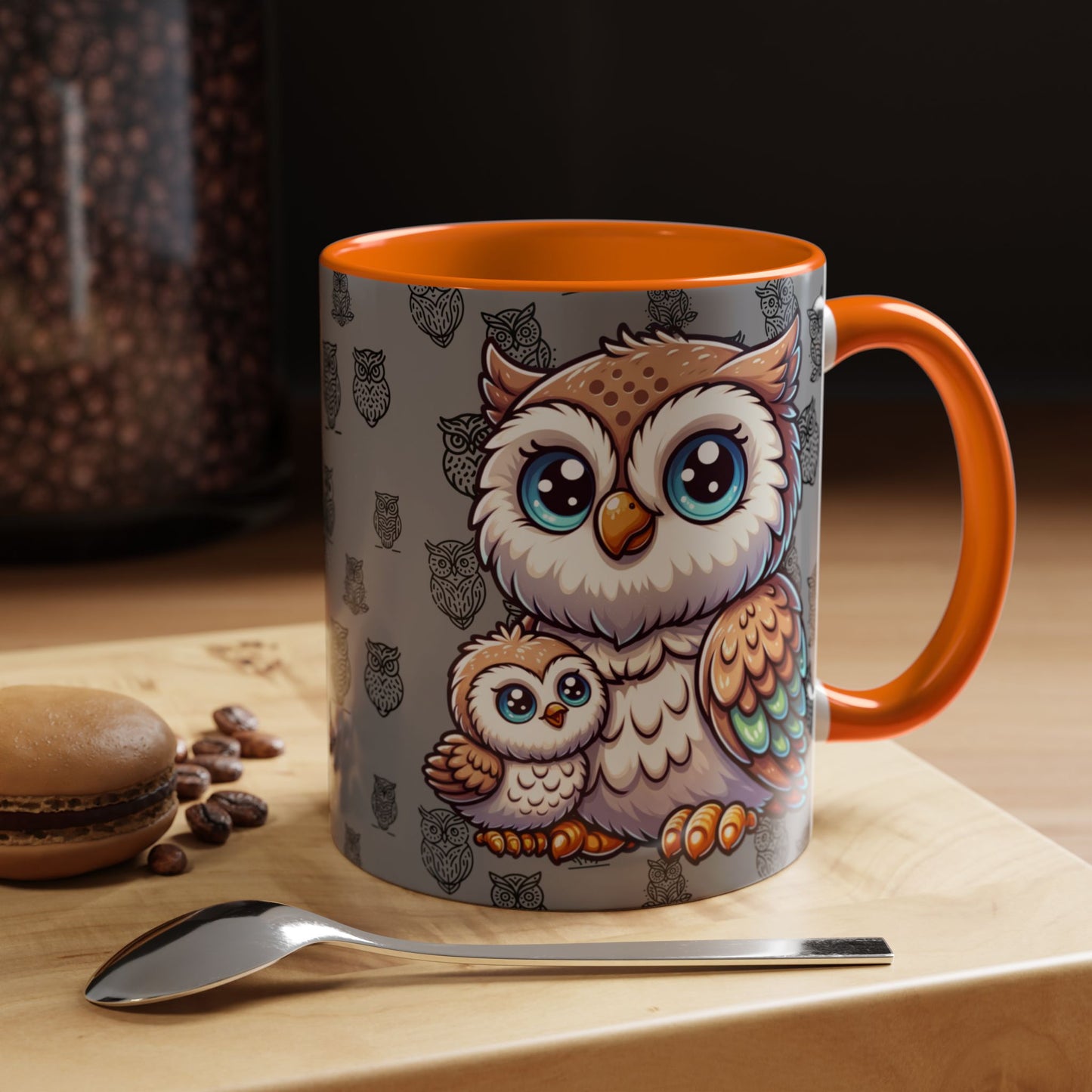 Gray Coffee Mug - Owl Family - Colorful Inspirational Owl Design