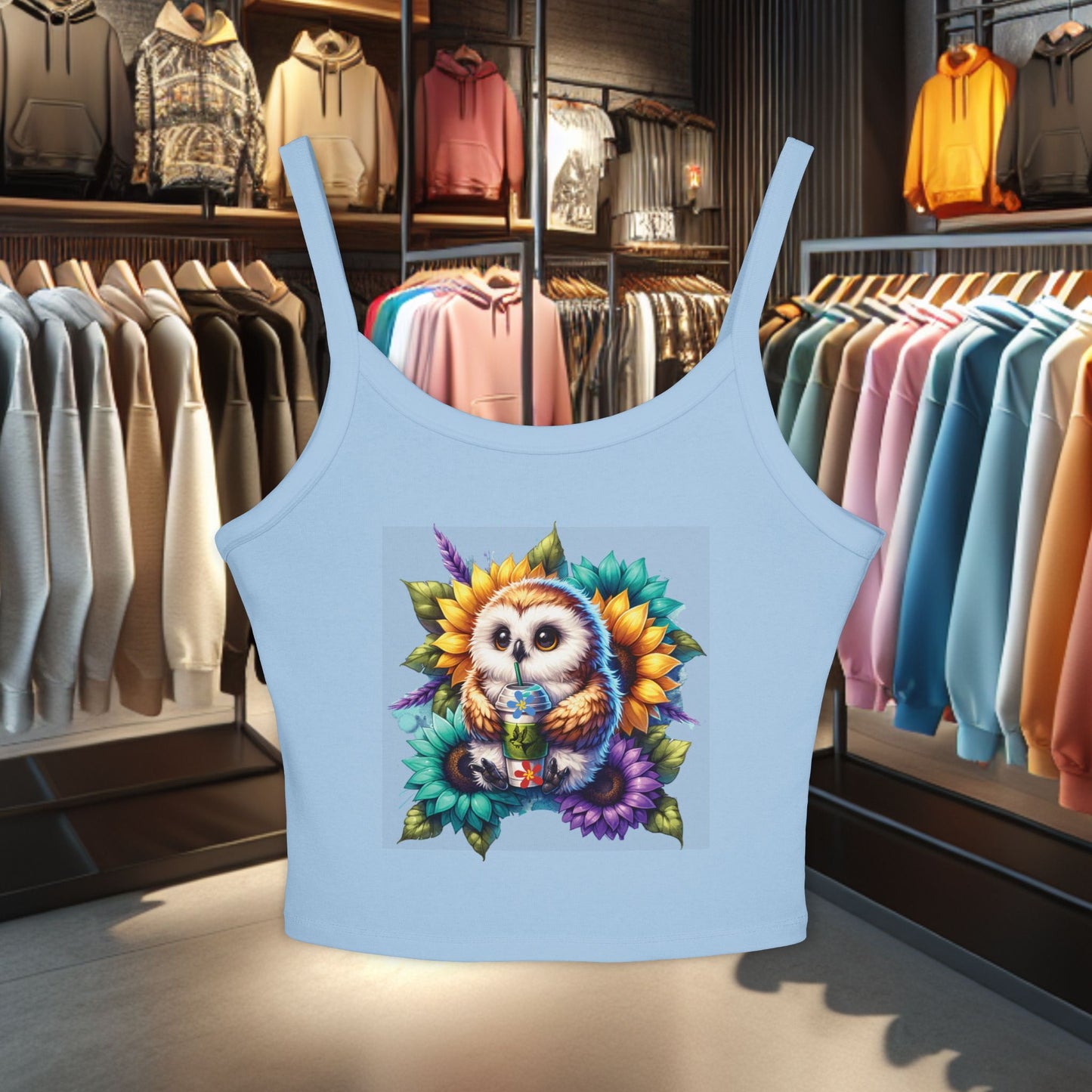 Owl With a Water Bottle Floral Tank Top - Women's Spaghetti Strap