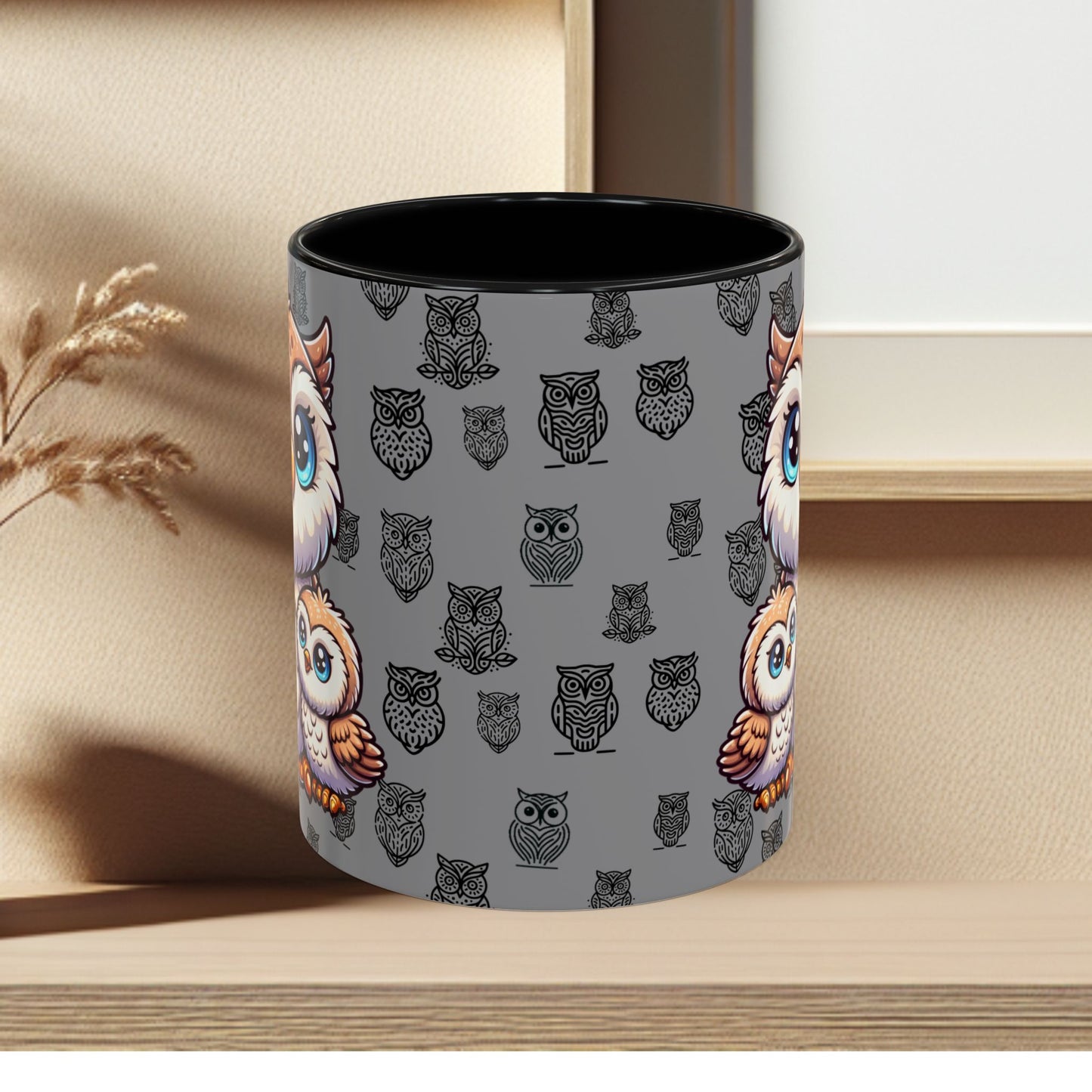 Gray Coffee Mug - Owl Family - Colorful Inspirational Owl Design