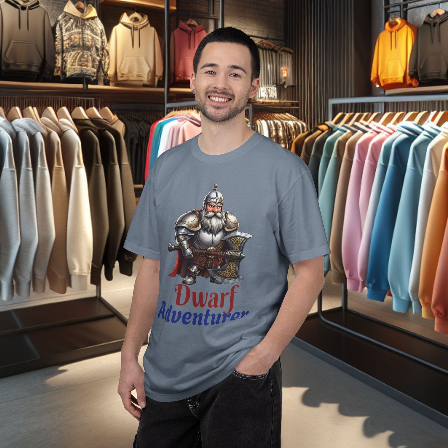 Dwarf Adventurer Tee — Dwarf with Armor and Battle Axe Graphic T-Shirt