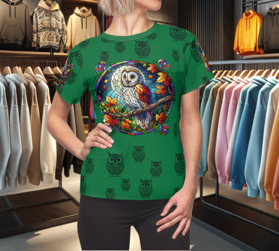 Orange Graphic Women's Tee - stain glass Owl on a branch