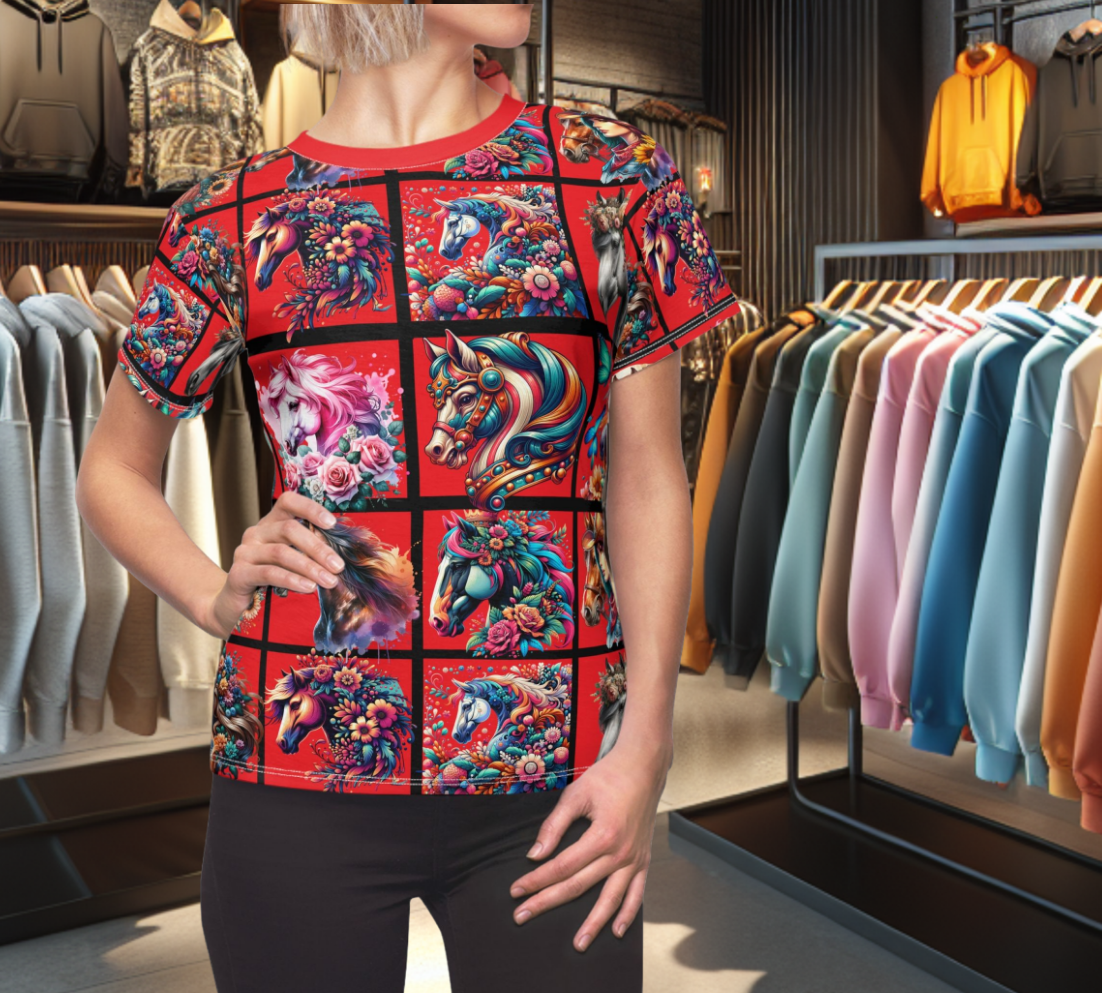 Women's Graphic Tee - Horse Heads Orange Design